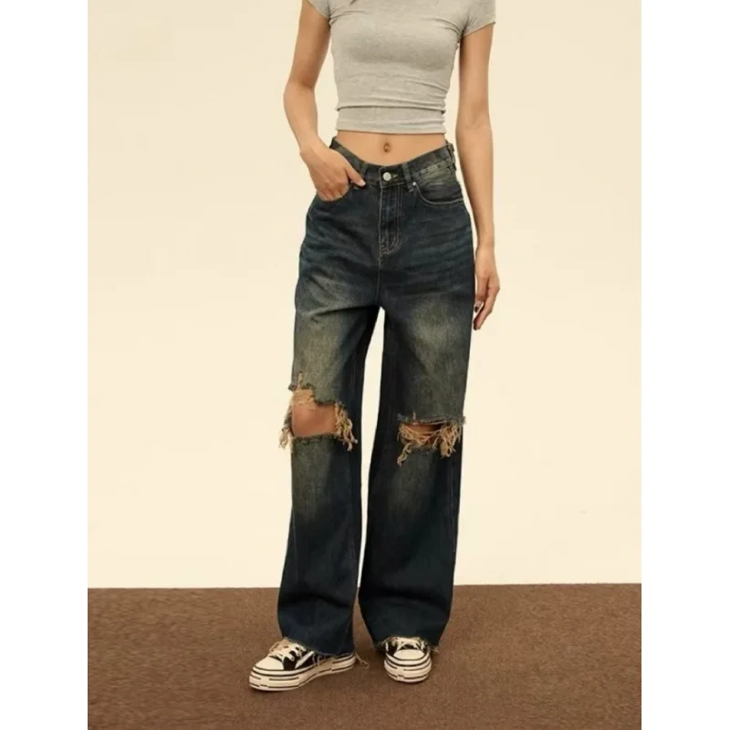 

2025Autumn American Retro Hem Ripped Jeans Women Wide Leg Loose Straight-Leg Pants