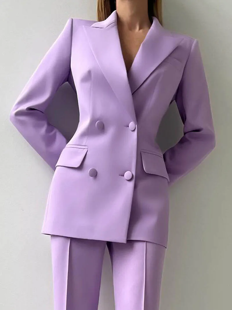 Purple Suits Set for Women 2 Piece Double Breasted Jacket with Wide leg Pants Business Formal Pantsuits Classic Style