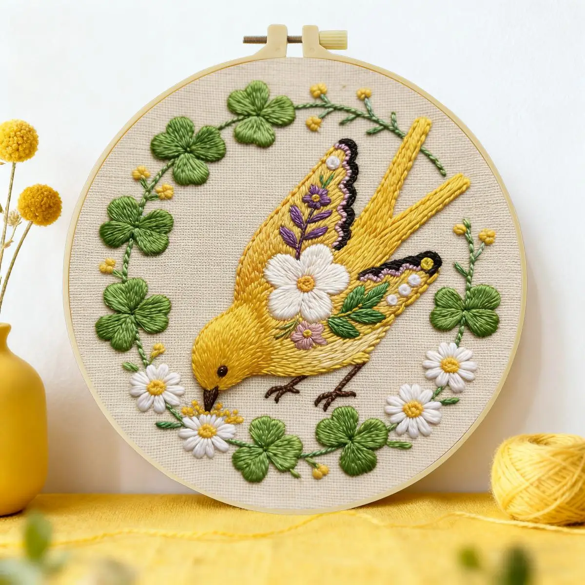 1 Stück 20X20CM/15X15CM 7,87/6,3 Zoll gelbes Vogel-Stickerei-Starter-Set DIY-Set DIY-Stickerei-Set Handarbeiten Heimdekoration