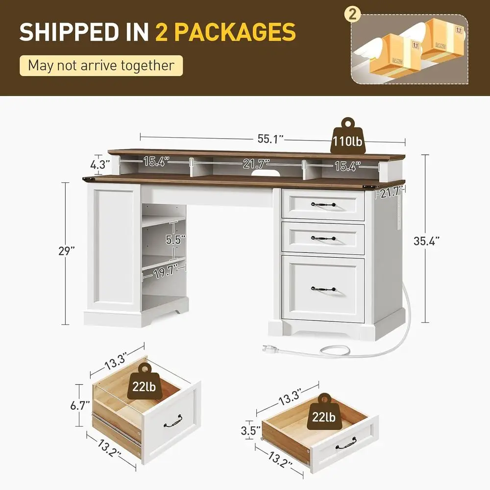 55 Dual-Desk Set with Drawers, Computer Desk, Side Bookshelf, and Monitor Stand in White & Walnut Finish