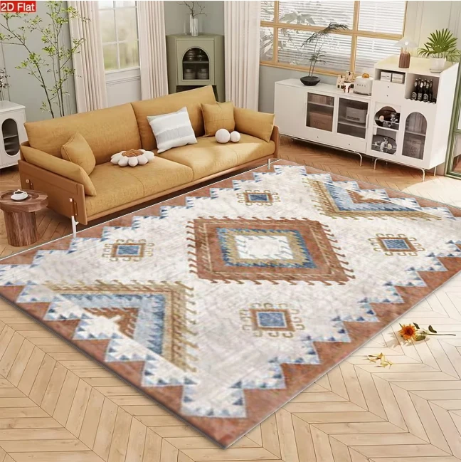 Southwestern Boho Square Rug Neutral Diamond Geometric Tribal Motif Non-Slip Floor Mat for Living Room Bedroom Home Decor