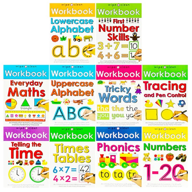 

10 Books Wipe Clean Workbook +Pen Children English Book Times Tables Phonics Maths Number Skill Tricky Words ABC