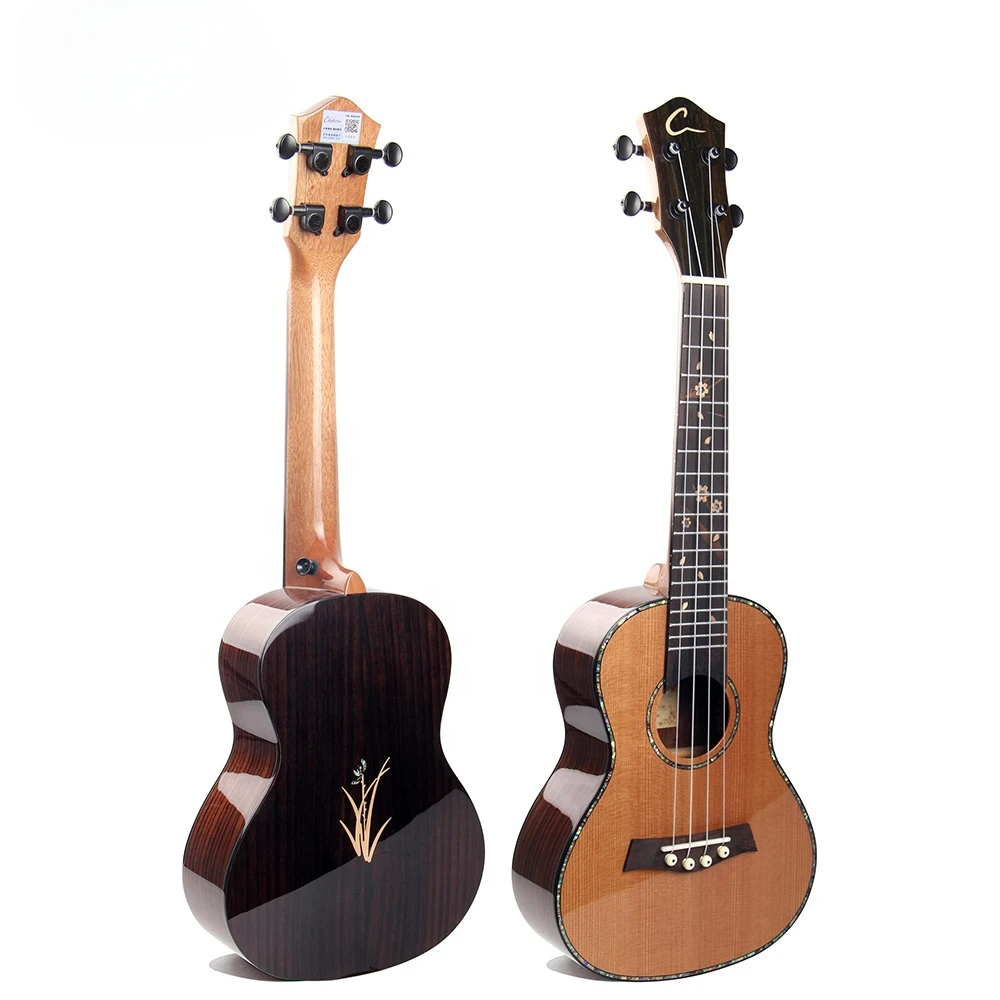 High Quality Ukulele 21 23 26 Inch Concert OEM ODM Solid Cedar Top Concerto Rosewood Back Shell Inlay Color Ukulele Tuner