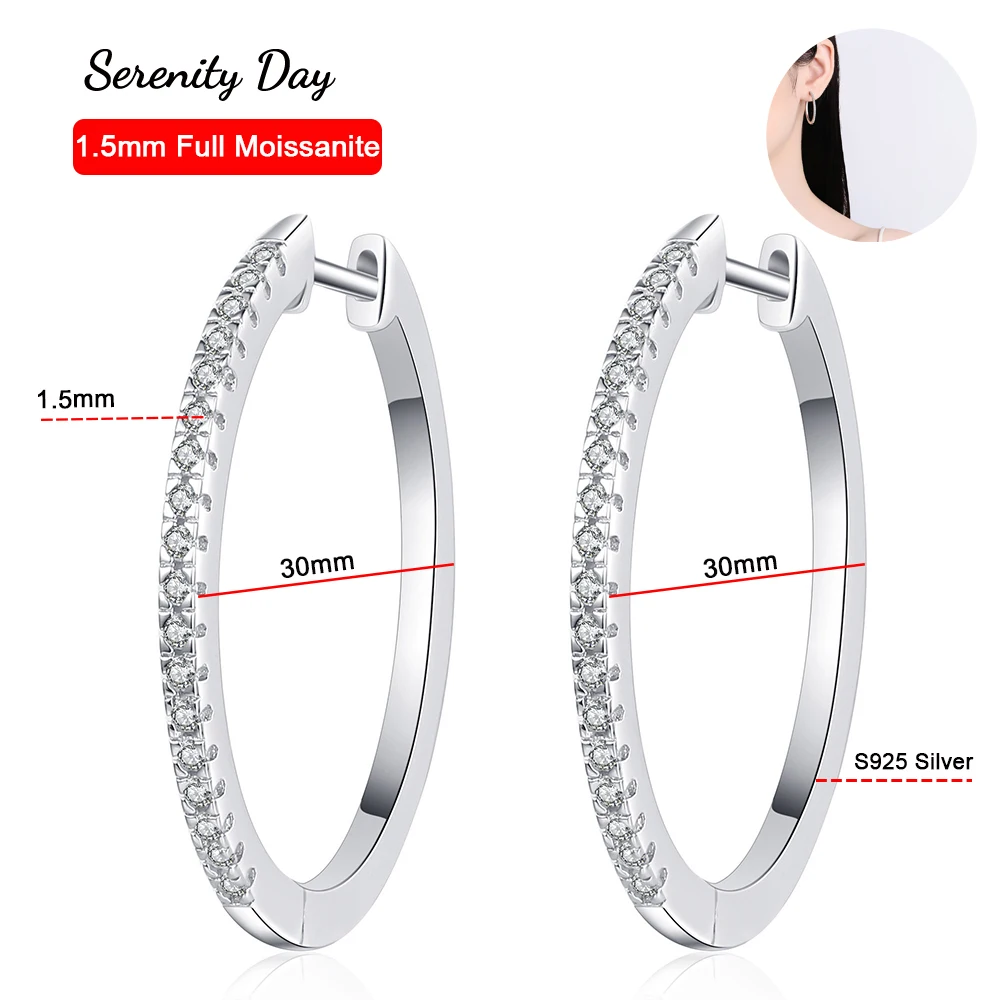 

Serenity Day Real D Color 1.5mm Full Moissanite Hoop Earring For Women 100% Sterling Silver 30mm Stud Ear Fine Jewelry Wholesale