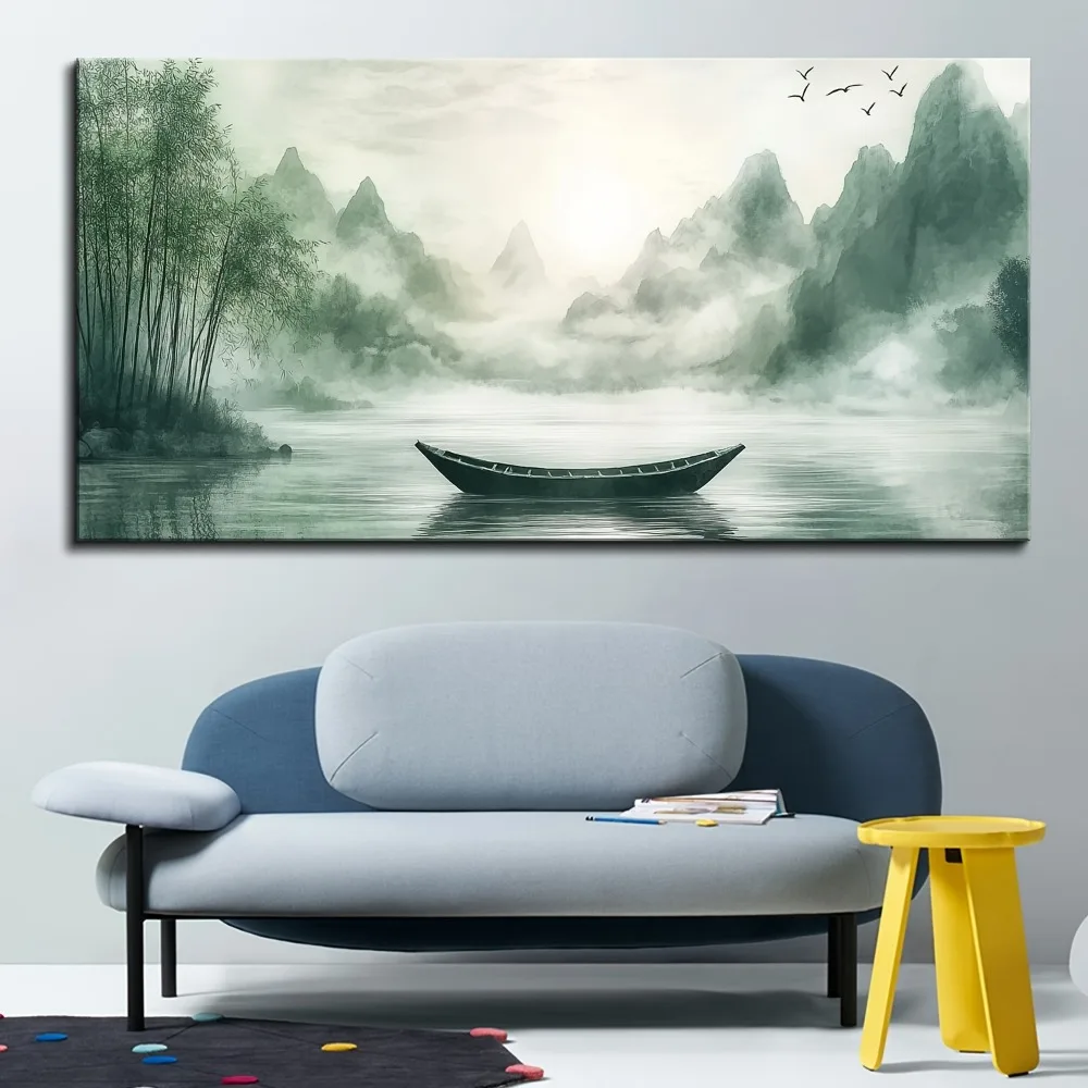 1.5 inch thick pine solid wood frame,Chinese landscape painting,black and white landscape mural,for living room and bedroom