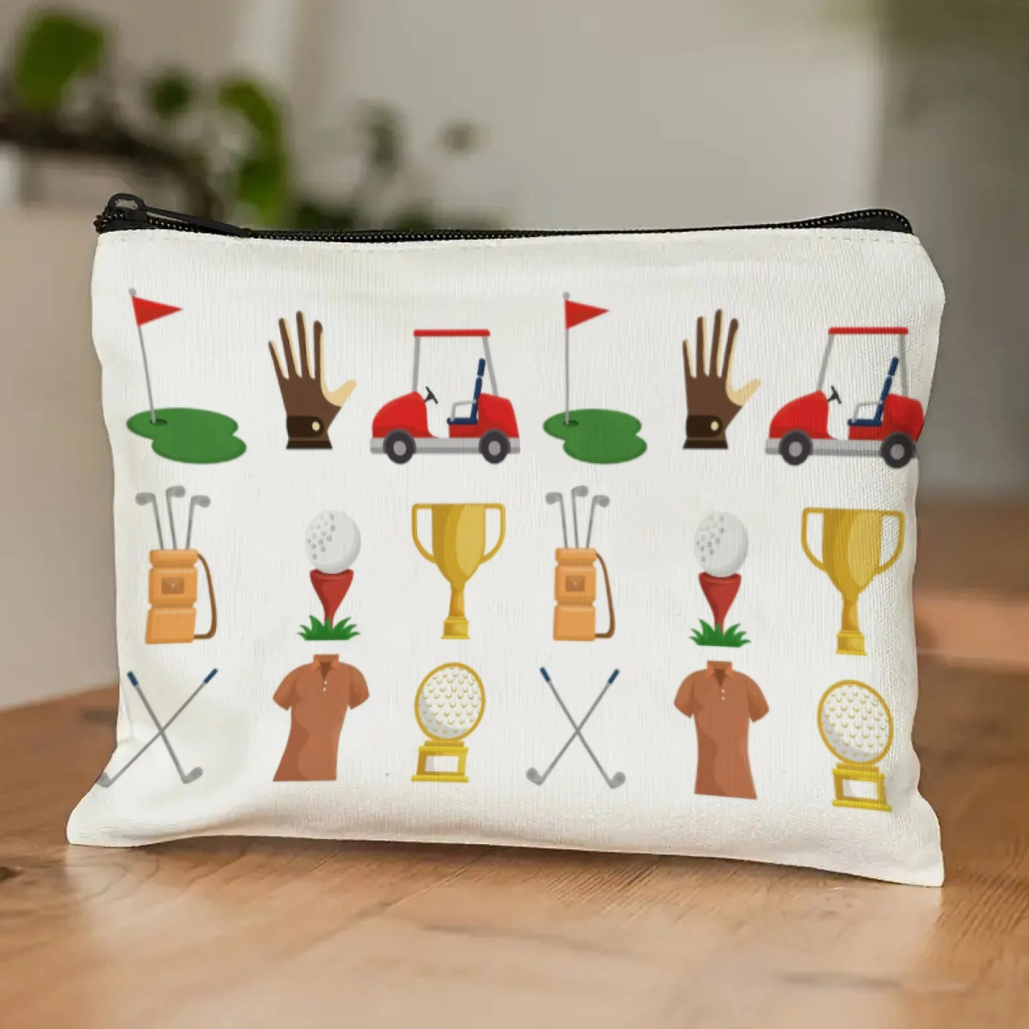 Earthy Practical Golf Makeup Pouch Cream White with Vintage Course Map & Pattern Print Logo Thoughtful Gift for Golf Enthusiasts