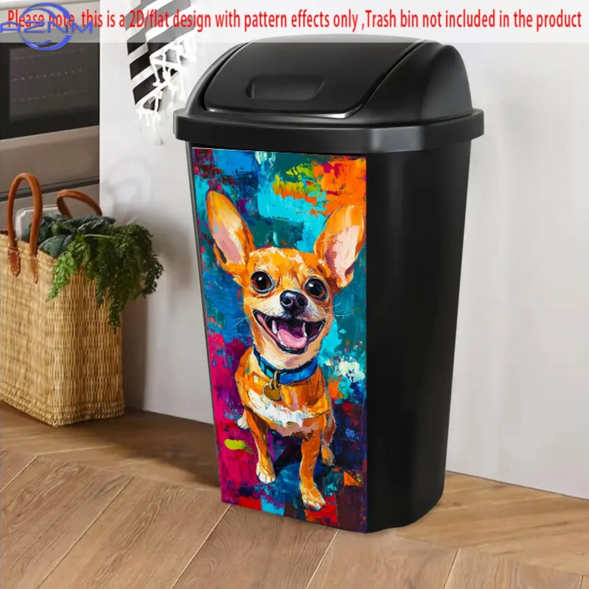 One Piece of 2D/Flat, Self-Adhesive Stickers for Dustbins, Measuring 14.57 by 32.28 Inches, Featuring a Cheerful Orange Dog wi