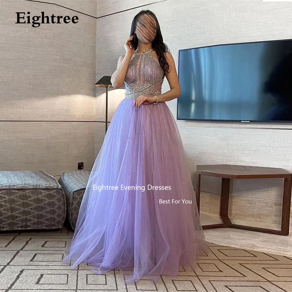 Eightree Sparkle Purple Tulle Evening Dresses Long A Line Sequined Beadings Halter Abendkleider Dubai Vestidos De Fiesta Elegan