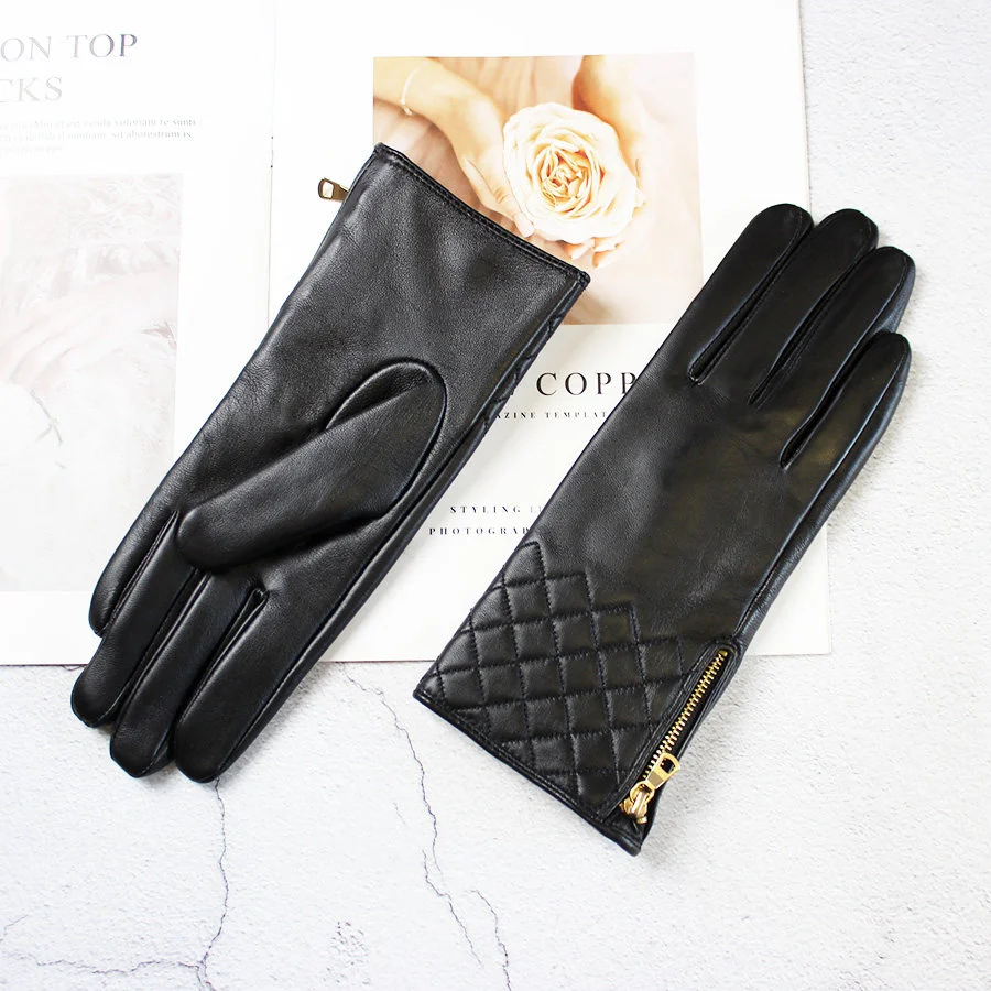 

Touchscreen Sheepskin Gloves Women's Genuine Leather Driving Zipper Velvet Lining Thick Winter Warm Motorcycle Riding Gloves