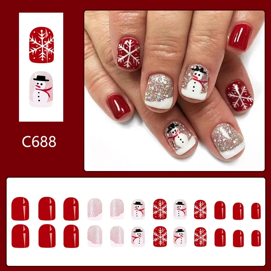 24 stks Kerst Rood & Wit Met Sneeuwvlok Valse Nagel Glitter Accenten & Leuke Sneeuwpop Ontwerpen Nep Nagels Voor Feestelijke Vakantie manicure