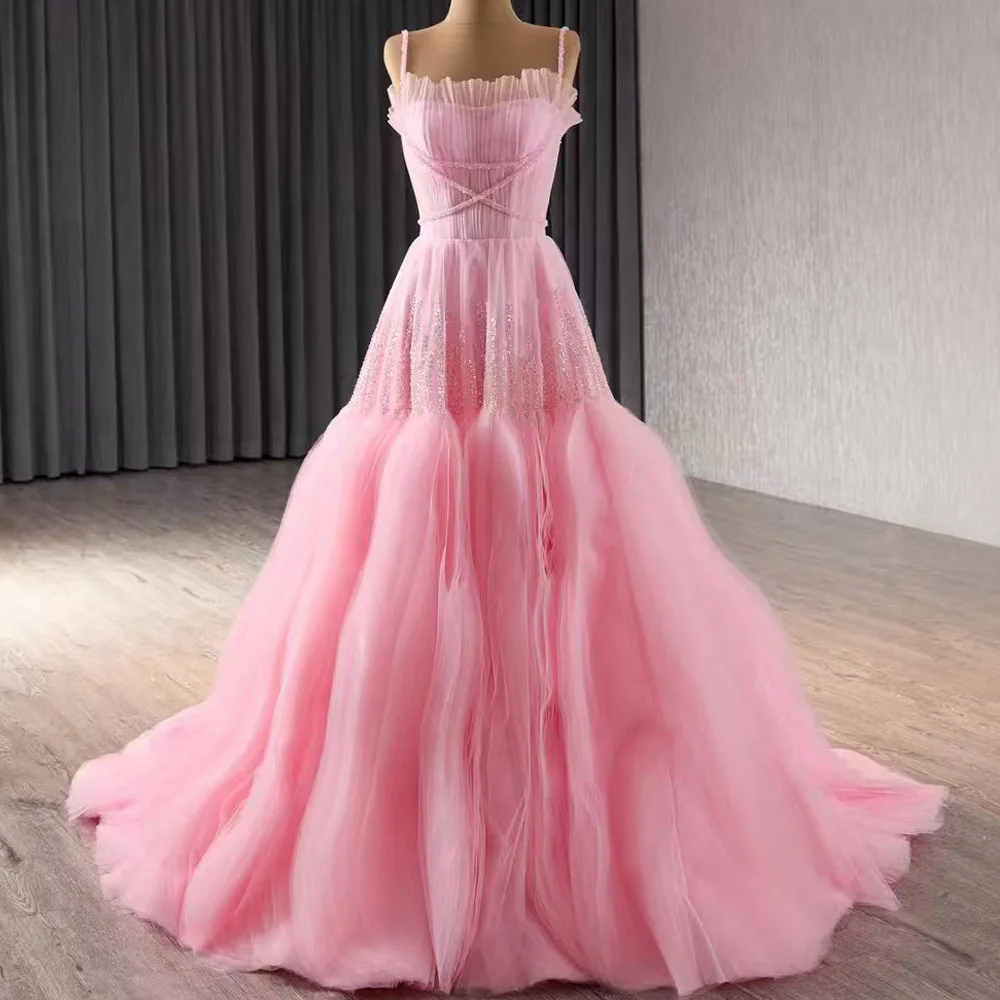 

Luxury Pink Spaghetti Straps Sleeveless Evening Dress Lace-Up Back Sheath Customizable Women's Abendkleid