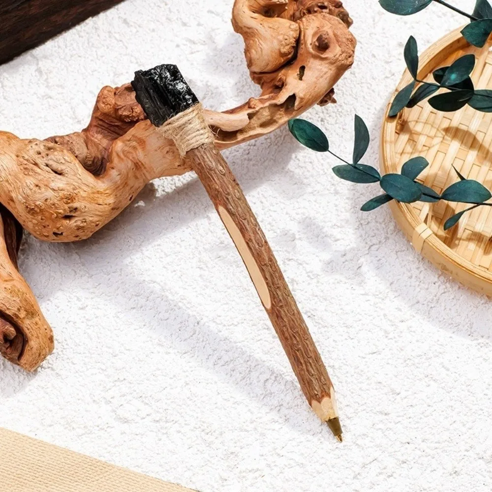 Natural Rough Crystal Ballpoint Pen Log Craft Decorative Handmade Crystal Wand Pen Wooden Raw Stone Scepter Pen Stationery Gift
