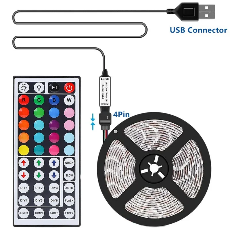 5V USB LED Strip Controller with 44-Key IR Wireless Remote USB IR Controller for SMD 5050 2835 4PIN 5V RGB Strip Lights