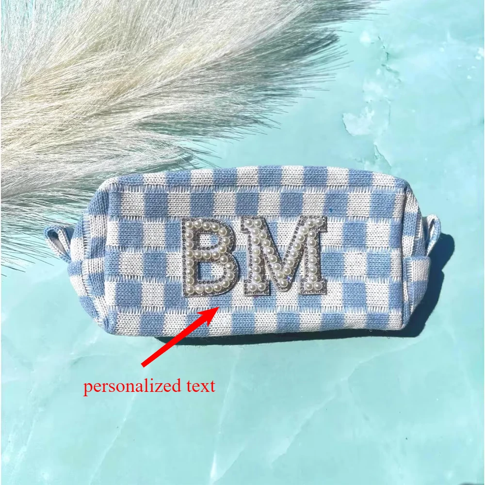 

Personalized Pearl Letter Light Blue Checkered Pouch Coastal Bachelorette Party Favors Toiletry Bag Gift Last Toast on The Coast