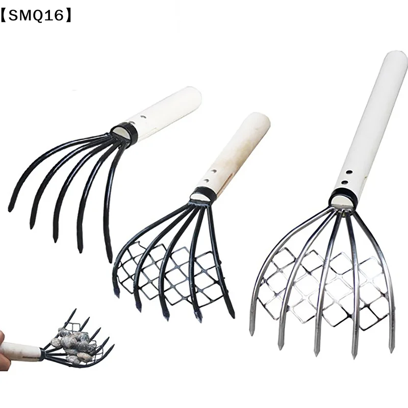 Clam Rake With Net 5 Claw Wood Handle Rake Shell Digging Tool Dig Seafood Accessories Weeding Farming Tool Handle Pitchfork【SMQ】