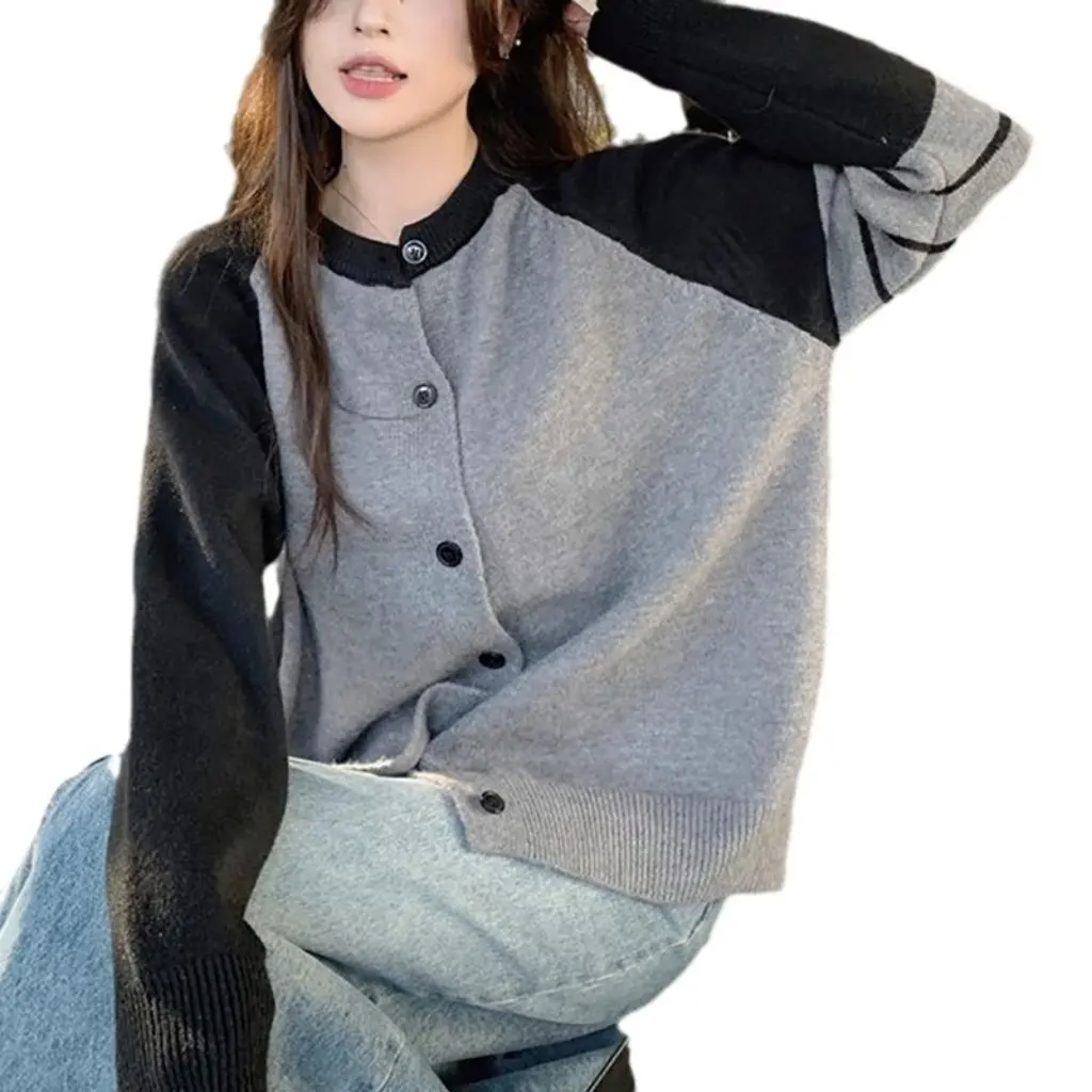 

Женский вязаный кардиган контрастного цвета в ленивом стиле, свободный облегающий топ для ранней весны и осени, верхняя одежда