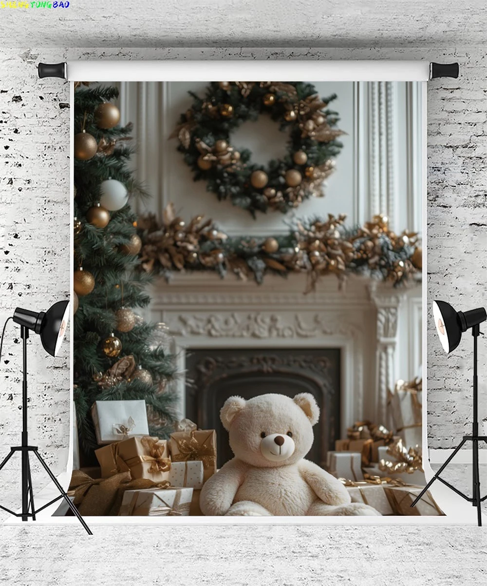 Fondos de fotografía de Navidad 2024 Feliz Navidad chimenea oso árbol de Navidad decoración interior Banner retrato de niño foto Prop