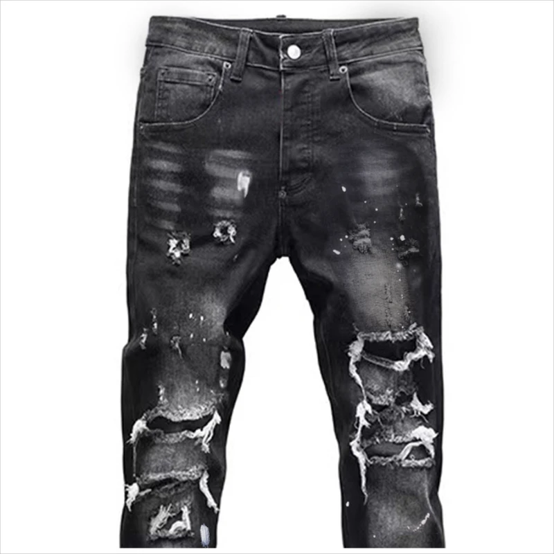 Vintage Washed Distressed Denim Jeans Men Paint Splatter Ripped Slim Fit Biker Trousers Street Style Hip Hop Pants for Guys - view 4