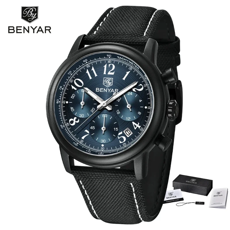 BENYAR-5190 Quartz Chronograph Watch Tachymeter Bezel Black Matte Case Nylon Canvas Strap Date Retro Aviator Sport Male
