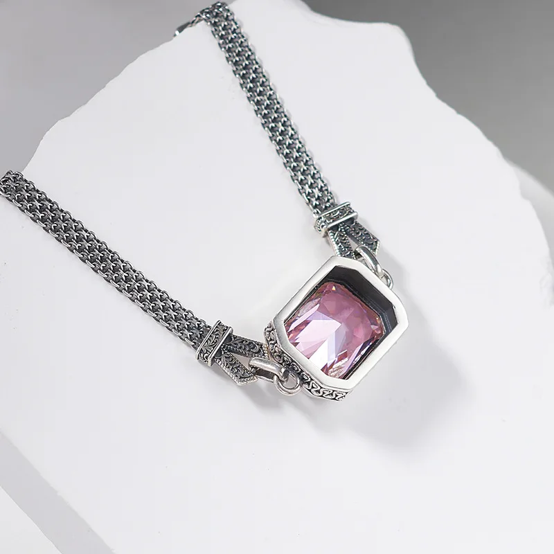 S925 Sterling Silver Bracelets for Women New Fashion Tangent Plane Square Pink Zircon Weaven-chain Jewelry Free Shipping