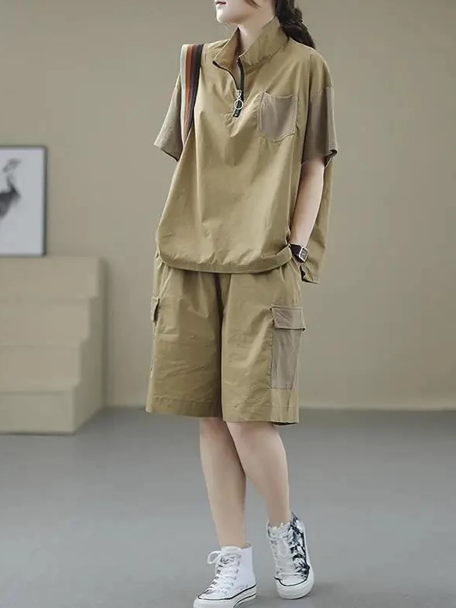 

Faionable Комплект спортивной одежды Летний женский новый воротник-стойка Дышащая футболка ort Sve Широкий комплект orts Комплект из двух предметов