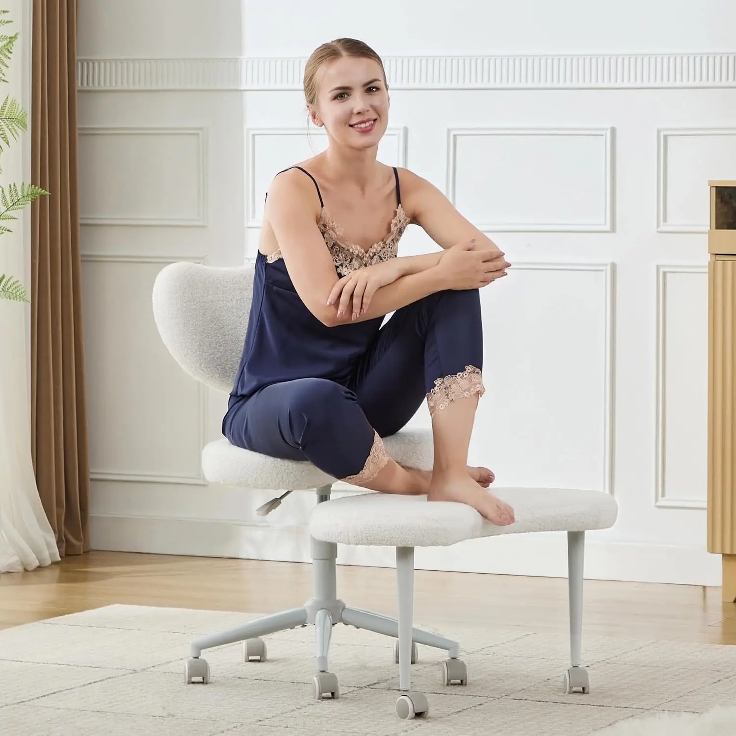 Ergonomic Cross Legged Chair with Wheels, 360° Swivel Meditation Chair, ADHD Chair, Criss Cross Desk Chair with Lumbar Support, Ivory view 4