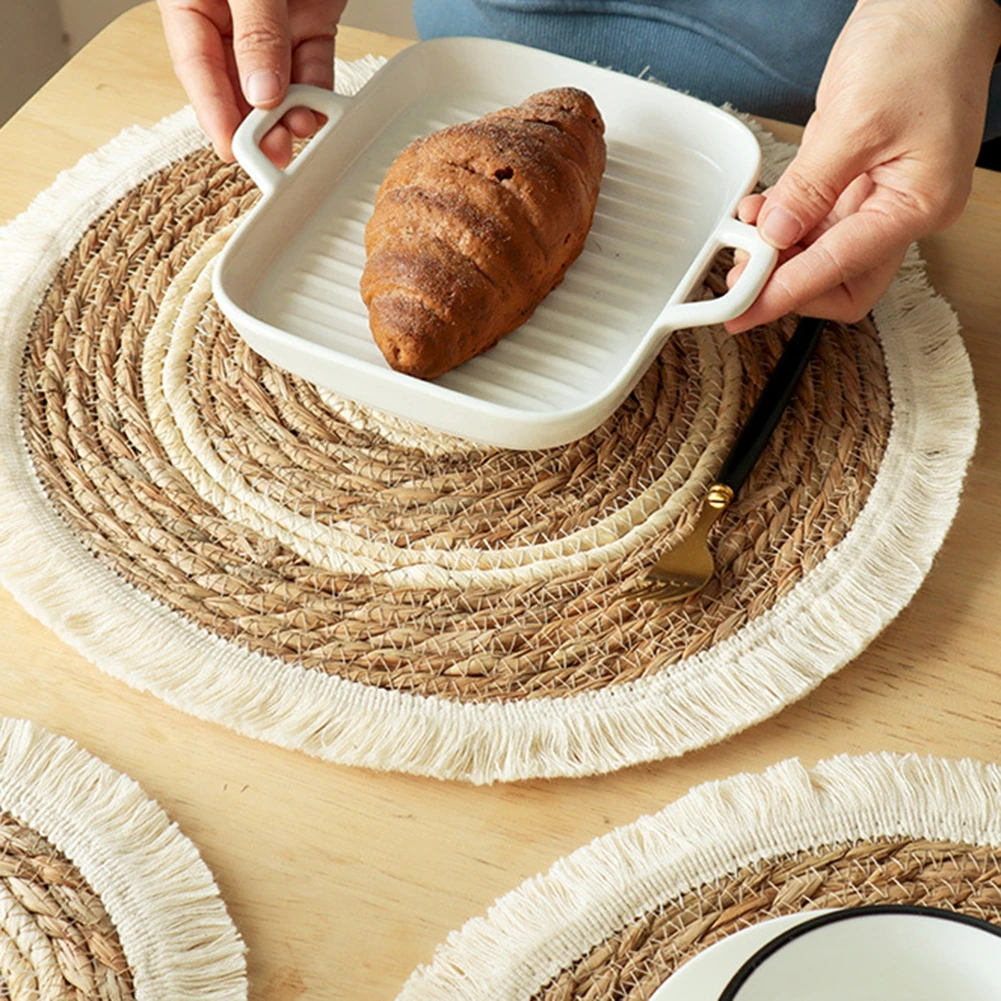 25/38cm Round Natural Wicker Cotton Woven Tassels Placemat Plate Water Straw Braided Tablemats Rattan Weave Dining Table Mat