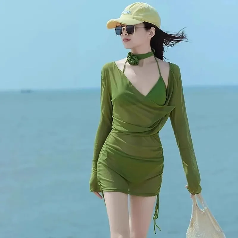 

Women's Solid Green Sheer 3 Piece Swimsuit Set Long Sleeve Cover Up Bikini