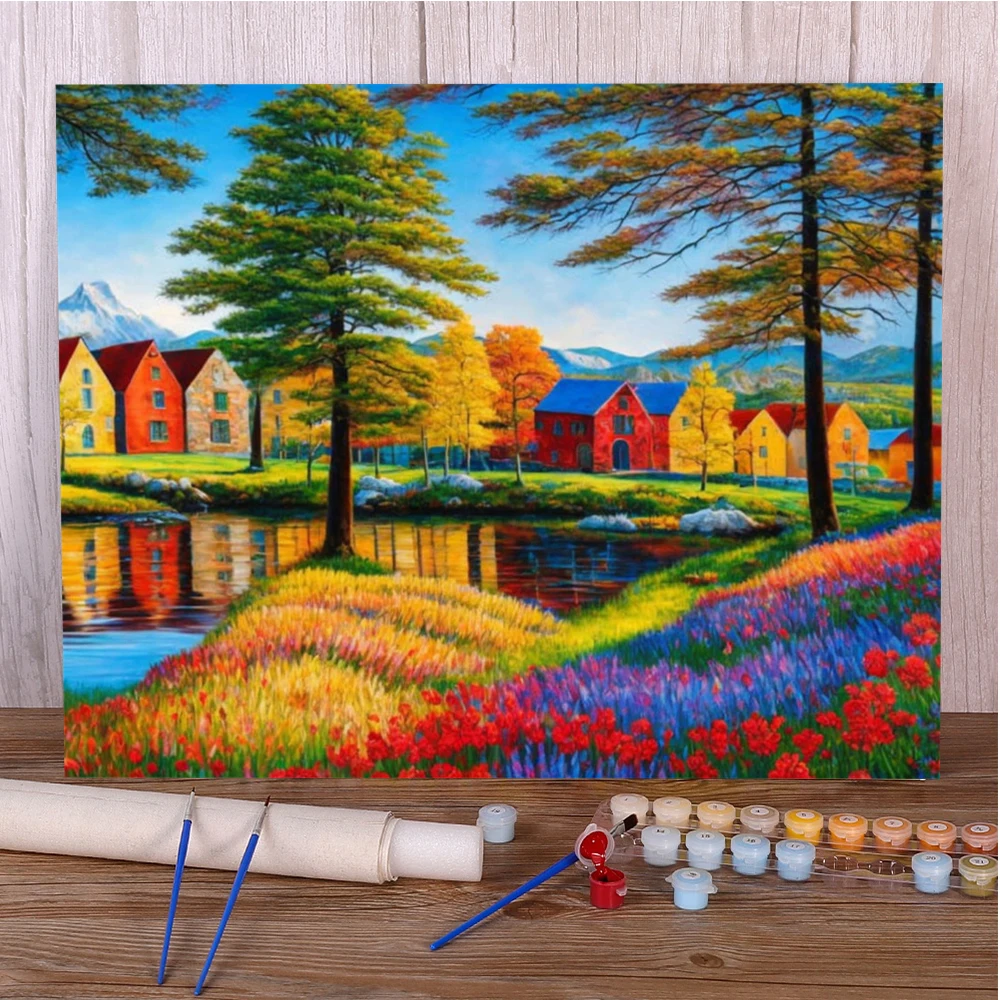 Landscape House By River Painting By Numbers Custom Cross Stitch Kit Arts And Crafts For Adults Decoration Home Child's Gift HOT