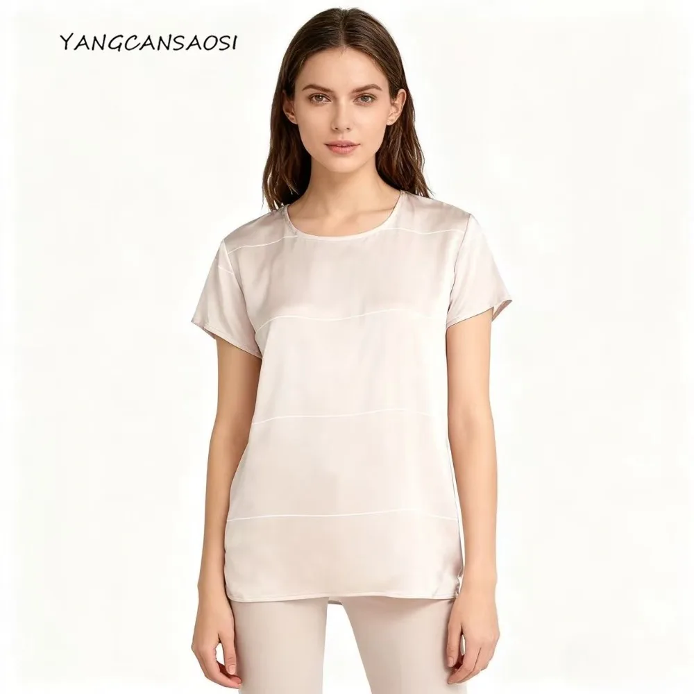 

Женская повседневная одежда, 100% натуральный шелковый атлас, круглая шелковица, с короткими рукавами, шелковистая, гладкая, приятная для кожи базовая футболка
