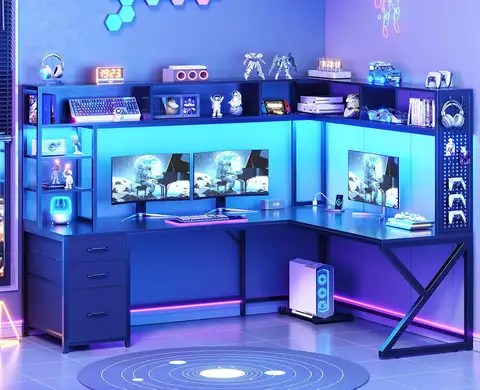 L Shaped Gaming Desk with Storage Shelves and Hutch, Convertible 94.5" Computer Desk with Drawers, Corner Computer, Customized