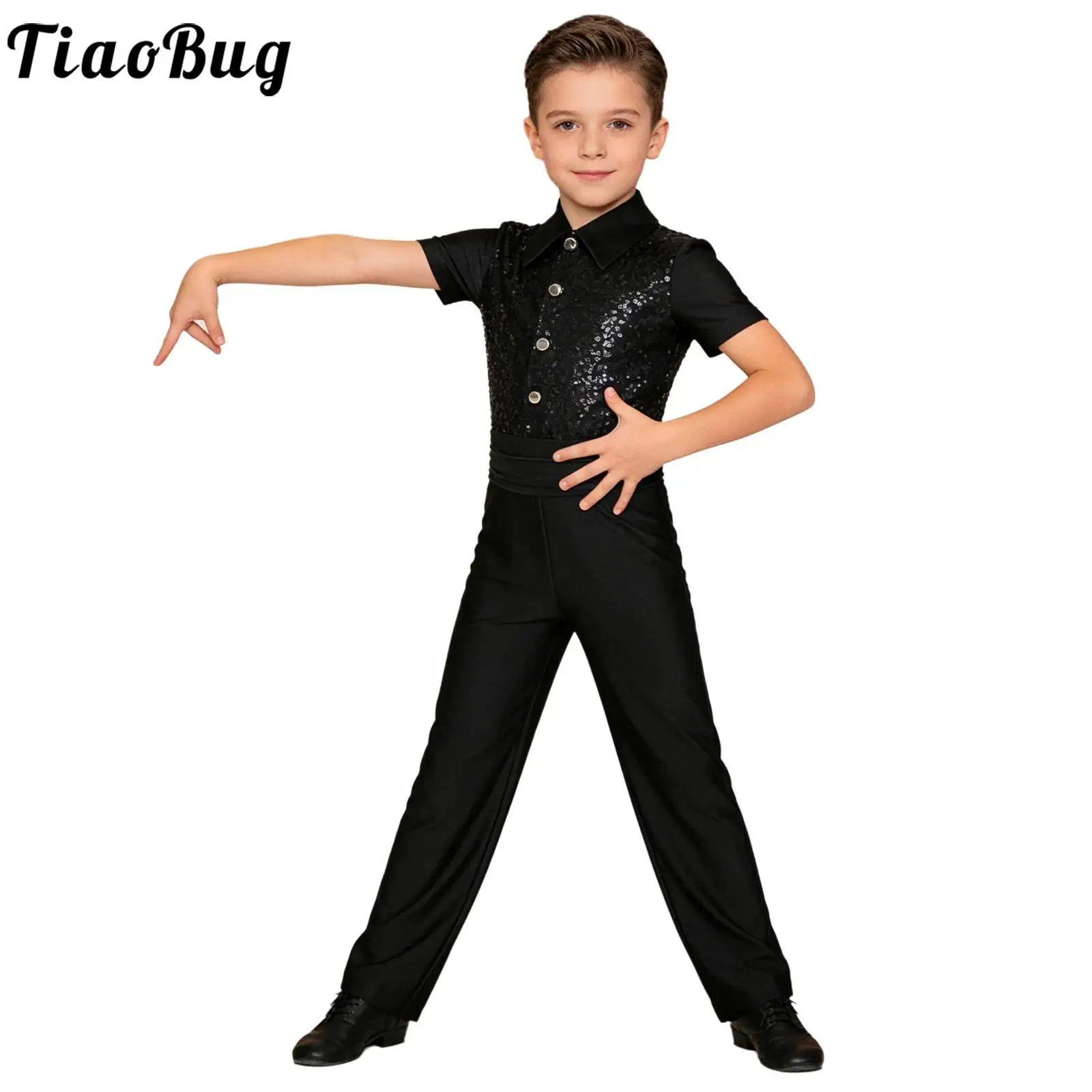 

Kids Boys Jazz Tango Tap Cha-cha Dance Leotards Jumpsuits Turn Down Collar Short Sleeve Sparkly Sequin Ballet Gymnastics Costume