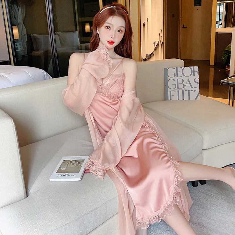 Bride V-Neck Kimono Bathrobe Suit Women Satin Robe Gown Suit Lace Hollow Out Nightgown Spring Summer Sleepwear Loungewear