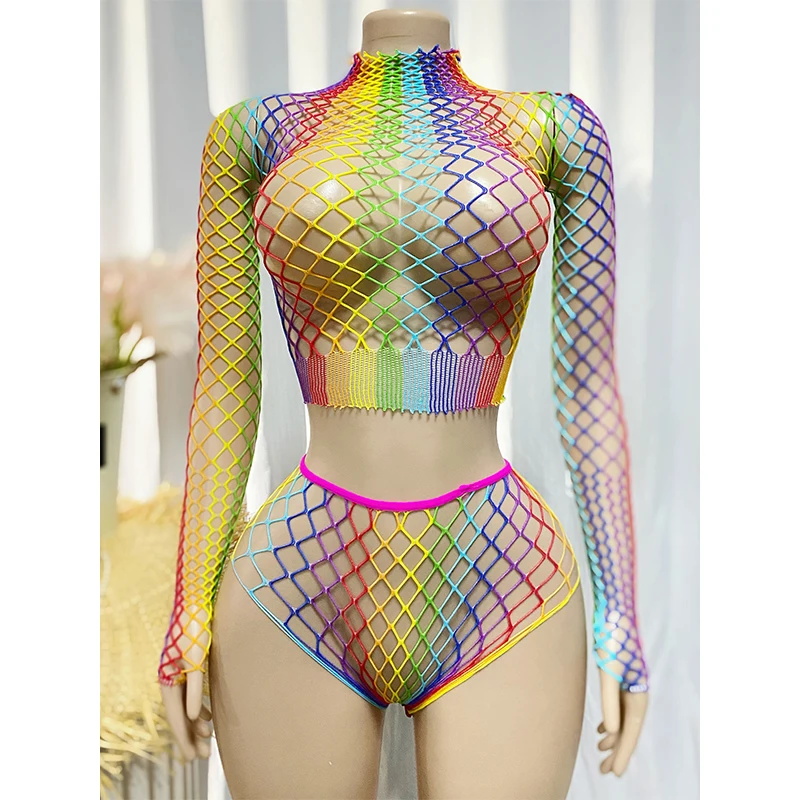 Rainbow Hollow Out Stretch Mesh Cover Up Swimsuit Set for Music Festival Vacation Beach Wear Long Sleeve High Neck Sexy Bikini T