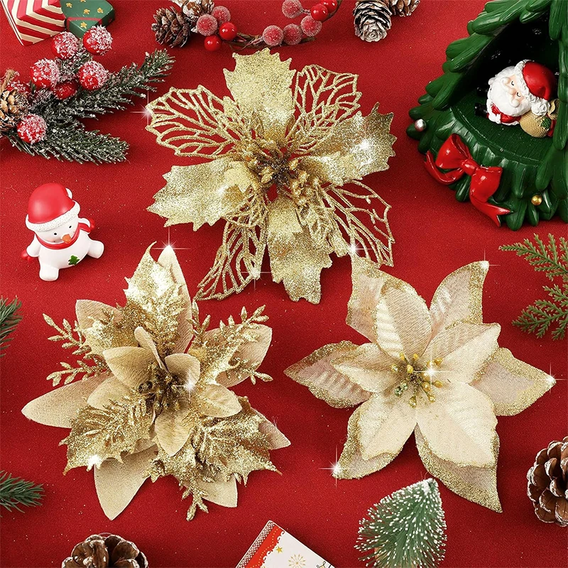 8/16 Stück Weihnachtsdekorationen, glitzernde künstliche Blumen, Weihnachtsbaumschmuck für Heimdekoration, gefälschte Blumen, Weihnachten, Neujahrsgeschenke – Detail 4