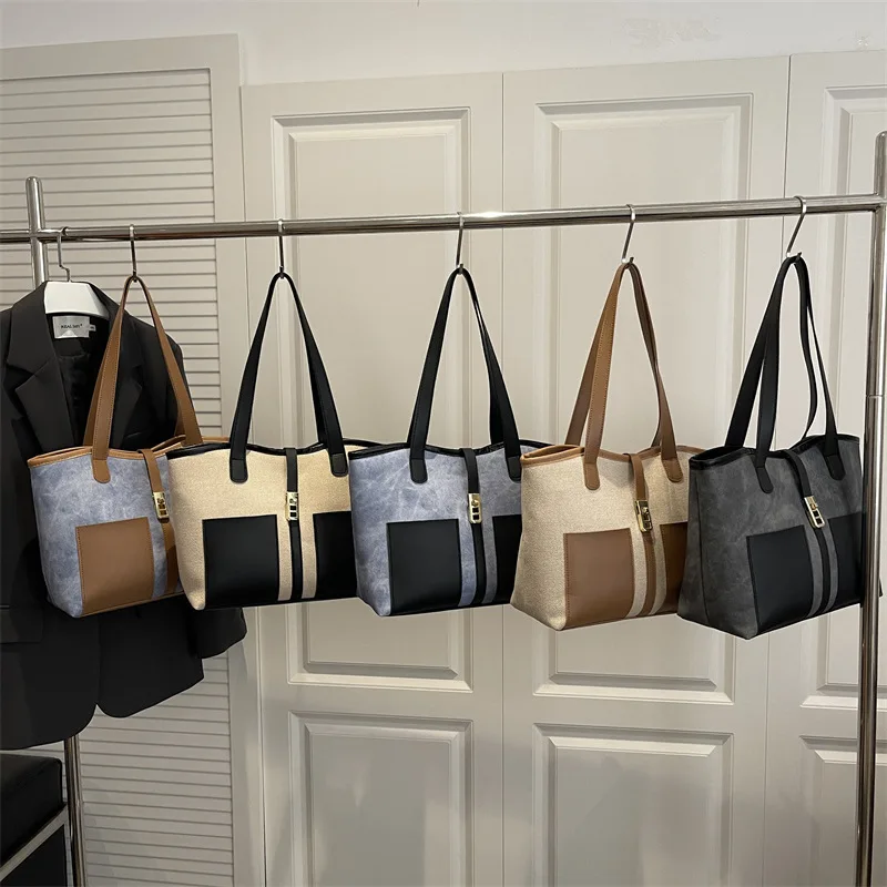 High Quality Hot Selling Wholesale Design Retro Large Capacity Hand-held Single Shoulder Underarm Color Blocked Tote Bag Women