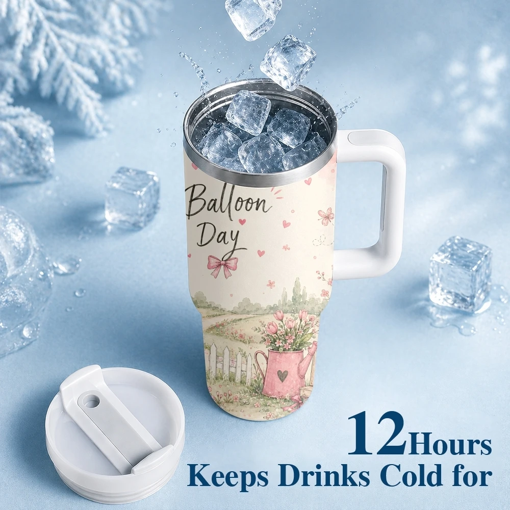 Country Balloon Girl Watercolor Vacuum Flasks 40oz Stainless Steel Insulated Tumbler With Handle & Straw Leakproof Travel Mug