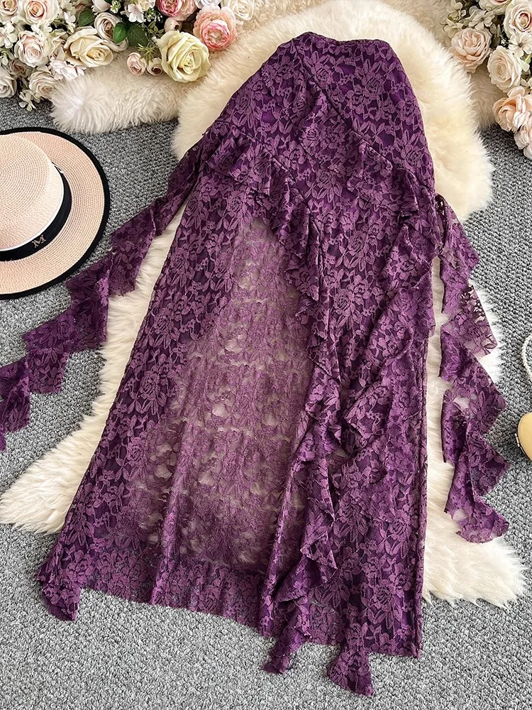French Romantic Purple Sexy Lace Skirt Women Summer High Waist Slim Look Elegant Tassel Lotus Leaf Edge Maxi Split Skirt Woman