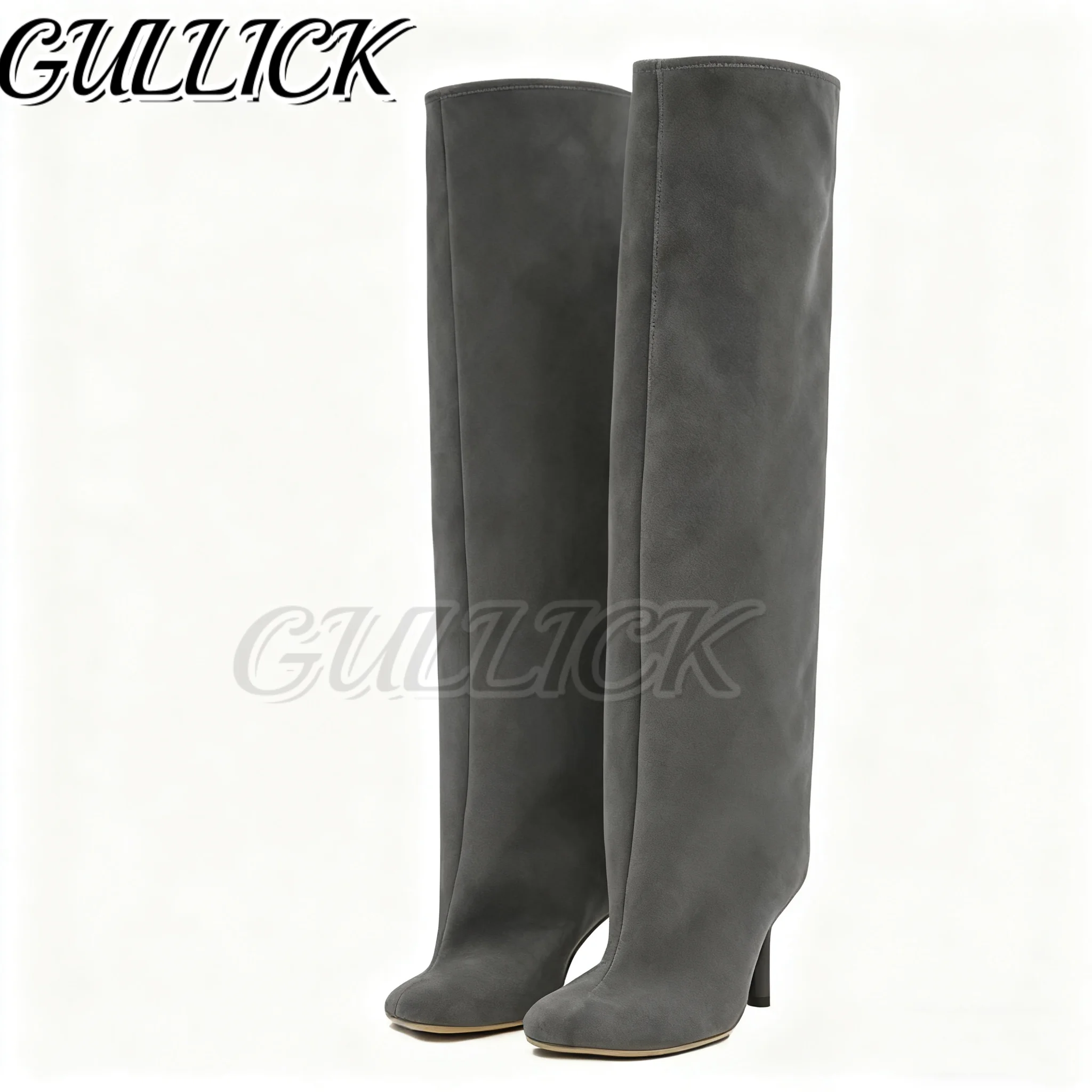 Sepatu Bot Tinggi Setengah Lutut Bahan Suede Solid Warna Raspberry Pink Hak Kitten Model Slip On Botas Wanita Desainer Sepatu Panjang Model Slip On Ukuran Besar