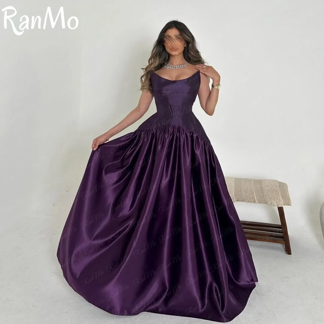 Ranmo 우아한 딥 퍼플 Strapless 파티 드레스 스퀘어 칼라 A 라인 Pleats de fiesta 새틴 백 지퍼 바닥 길이فساتين سهرة
