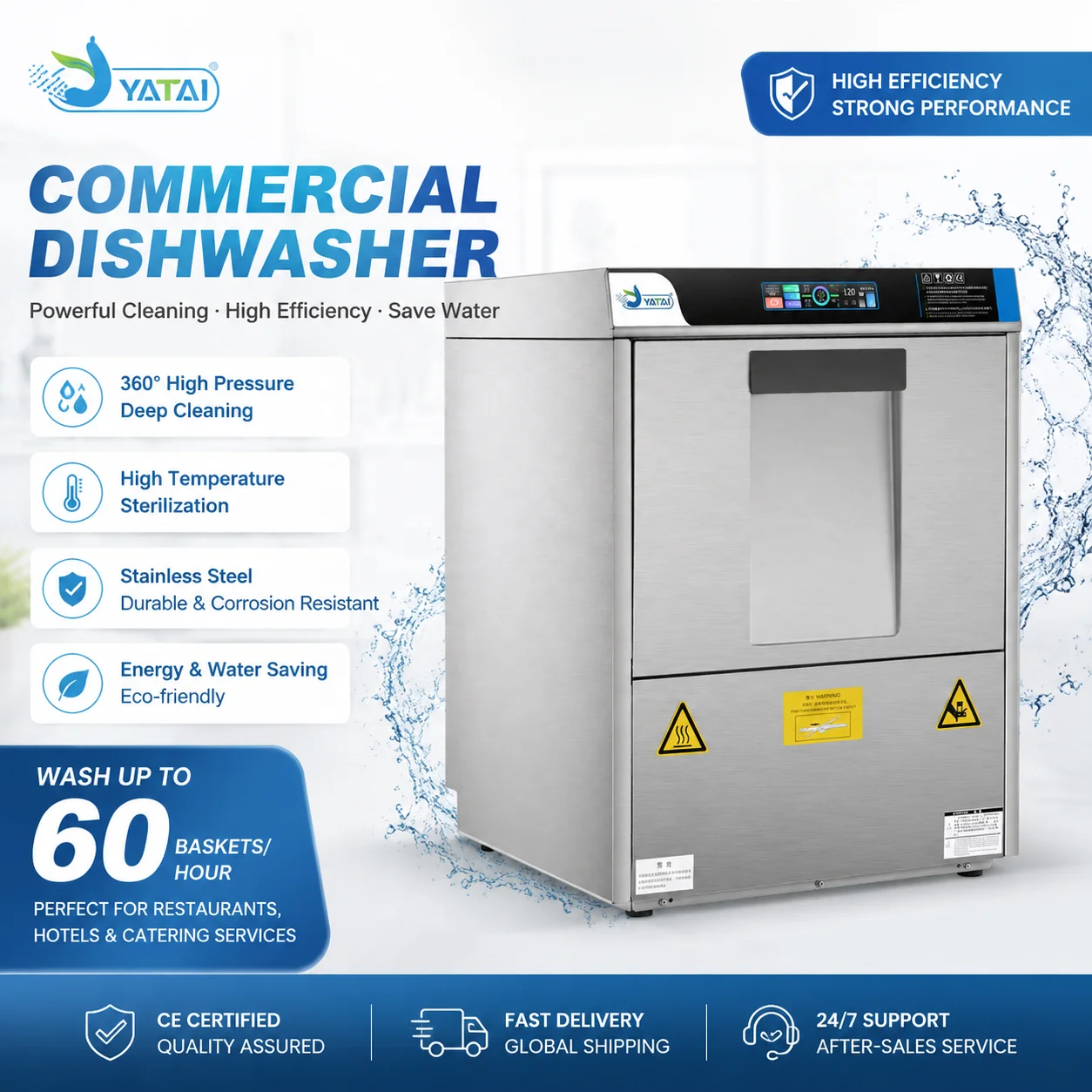 Multi-function Under-Counter Dishwasher, Automatic Sanitizing, Commercial Grade, 6 Programs, for Coffee Shops, Canteens