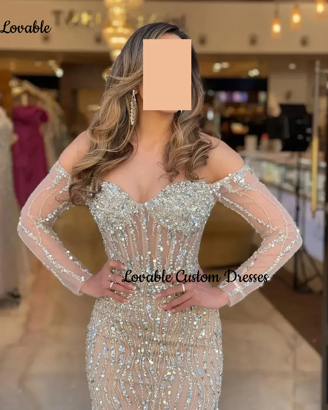 Vestidos de fiesta elegantes de encaje hasta el suelo con escote en A y hombros descubiertos personalizados para mujer 2025 mangas largas con cremallera
