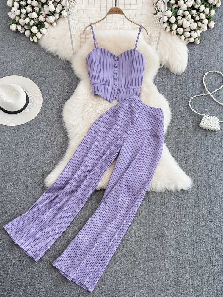 

Summer Sexy Striped 2Pcs Set Elegant Single Breasted Strap Camis Tops + High Waist Pants Casual Two Pieces Suits Female New