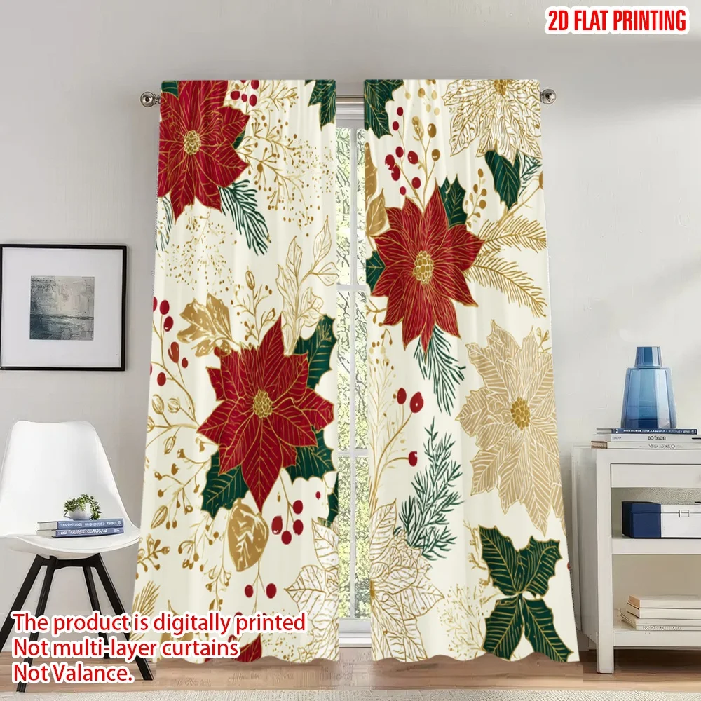

2pcs 2D flat printing Fashionable Christmas Curtains Christmas Poinsettia Floral Digital Printed Polyester Drapes Holiday