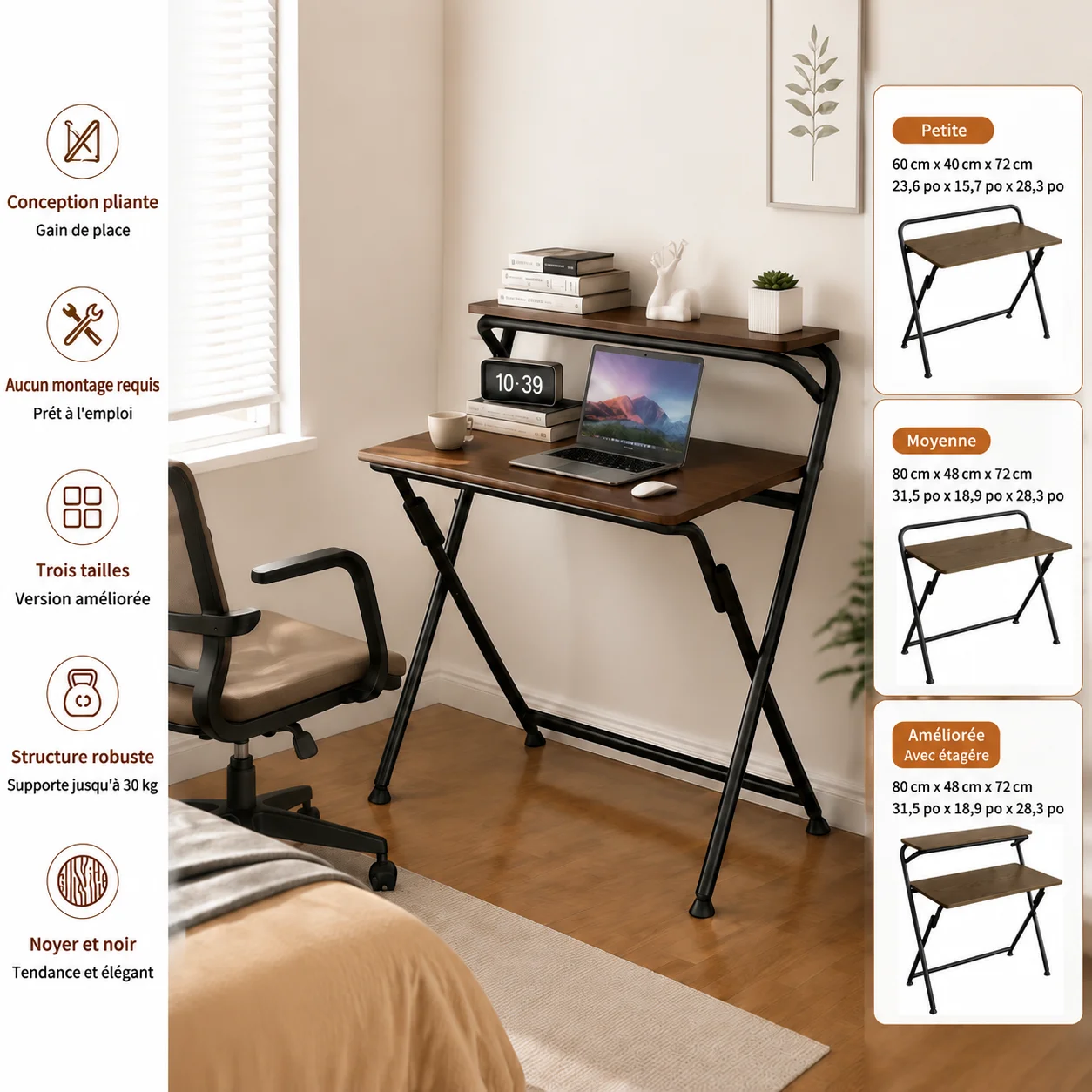 Bureau d'ordinateur pliable avec étagère, bureau pour ordinateur portable, pas d'assemblage requis, bureau d'étude en noyer, bureau à domicile, gain de place, plan de travail à double niveau