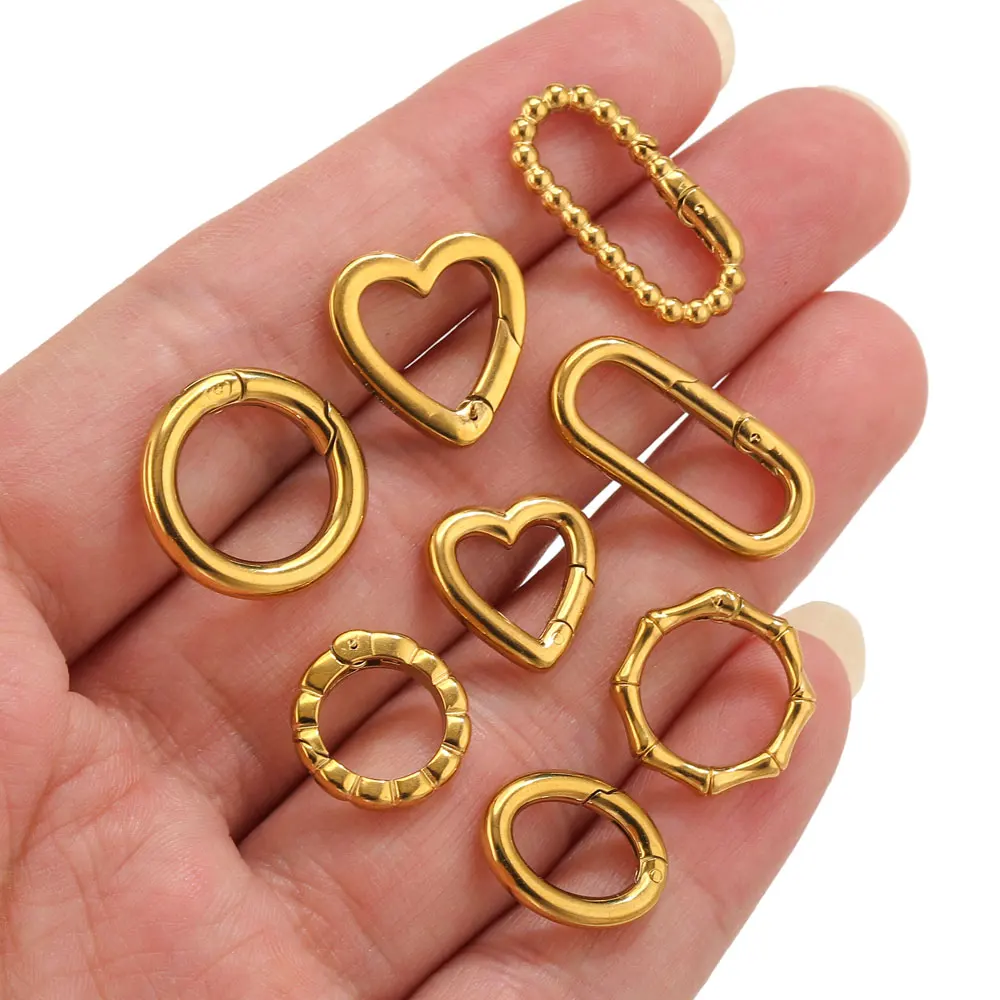 2pcs Stainless Steel Round Heart Spring Clasps Oval Buckle Connector Carabiner Keychain Bag Clips Hook Chain Buckles DIY Jewelry view 2