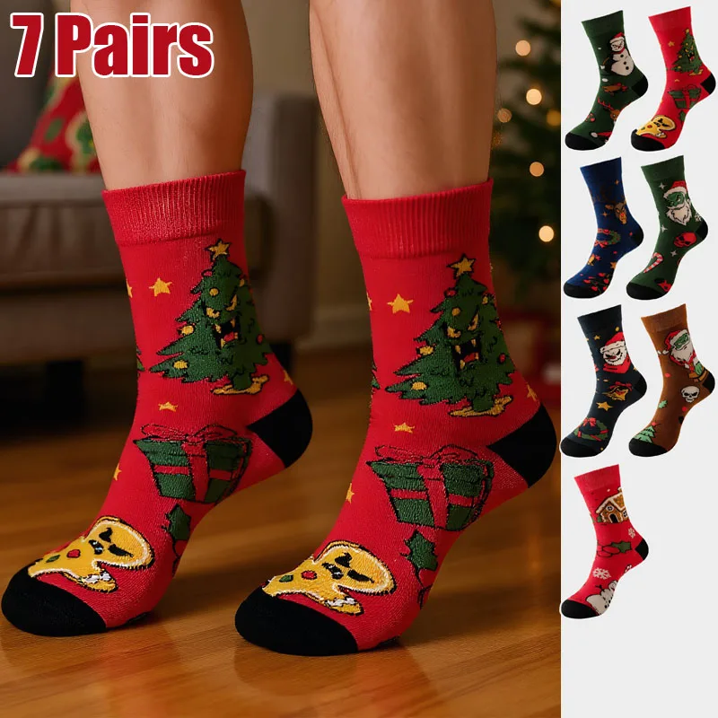 

7 пар новых зимних женских рождественских носков, носки Санта-Клауса, мужские носки с изображением лося, носки на Хэллоуин, подарок с Новым годом, забавные носки