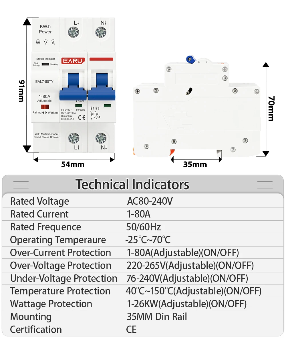 AC230V 1-80A Adjustable TUYA WIFI MCB Smart Circuit Breaker Energy Meter kWh Over Current Under Voltage Short Circuit Protection