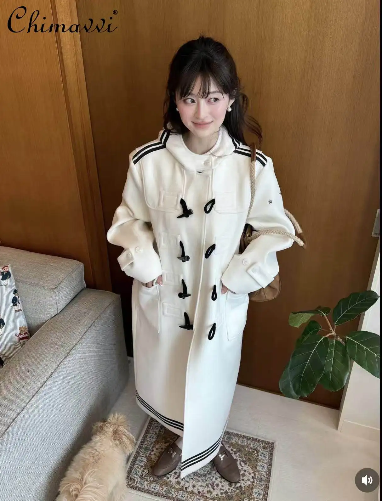 

Japanese Style Preppy Horn Button Hooded Coat Winter New Fashion Long Sleeve Loose Student Elegant Women Long Hooded Wool Coat