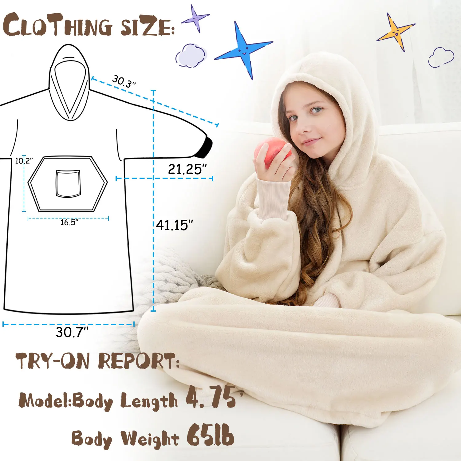 Großer Kinder-Sweatshirt-Pyjama mit Kapuze, mit Bündchen und Taschen, mit Innenseite aus Fleecefutter, hält warm und dick